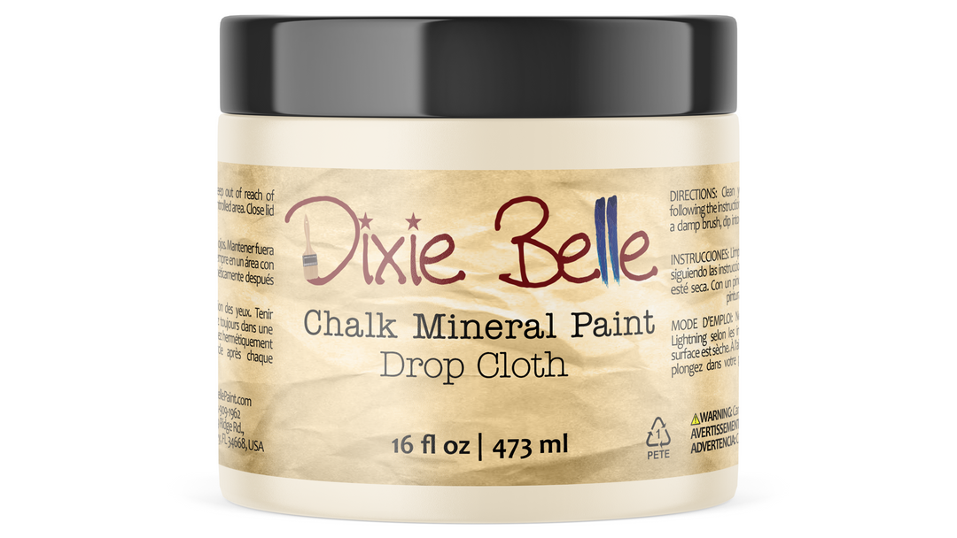 Jar of Dixie Belle Chalk Mineral Paint in Drop Cloth color on a white background