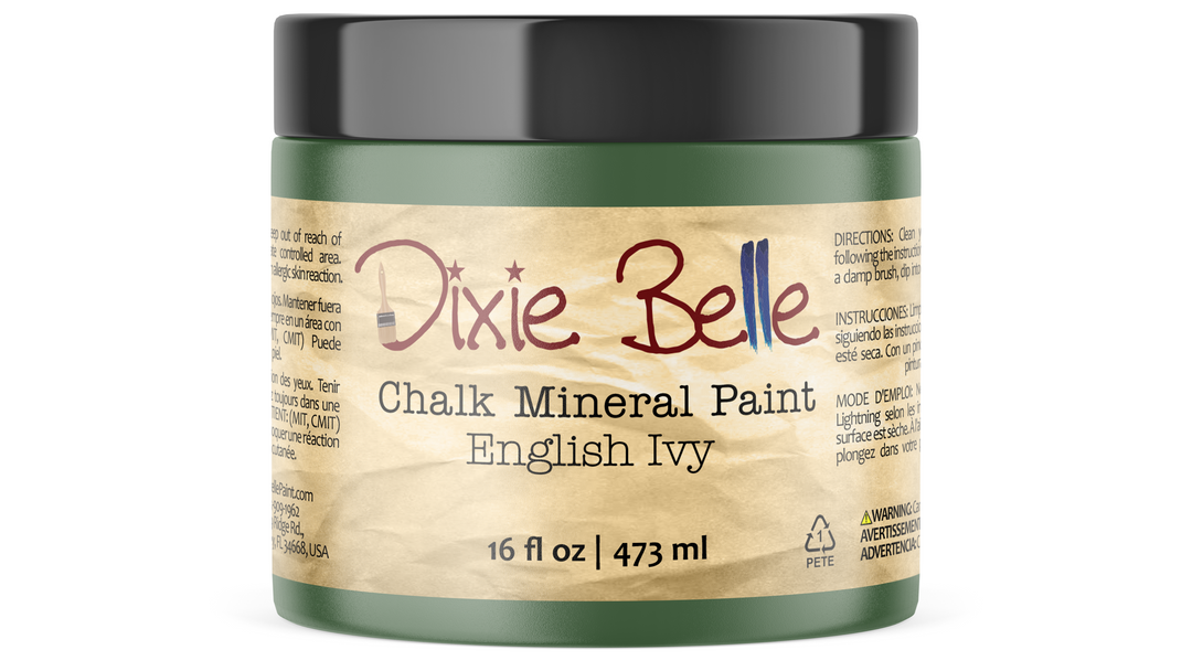 Jar of Dixie Belle Chalk Mineral Paint in English Ivy color on a white background