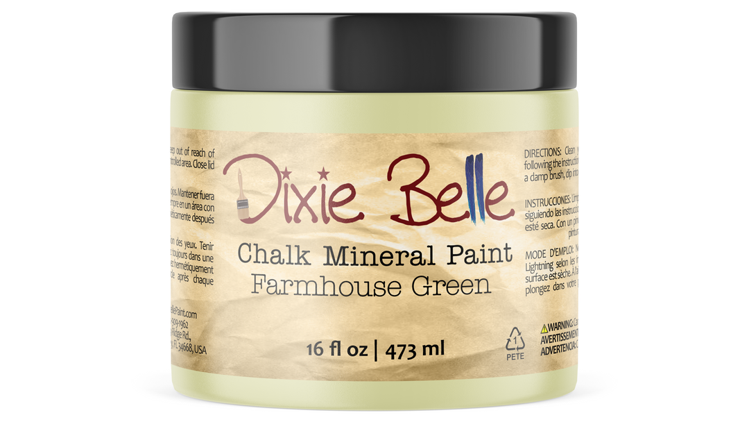 Jar of Dixie Belle Chalk Mineral Paint in Farmhouse Green on a white background
