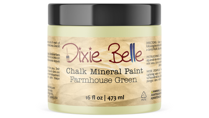 Jar of Dixie Belle Chalk Mineral Paint in Farmhouse Green on a white background