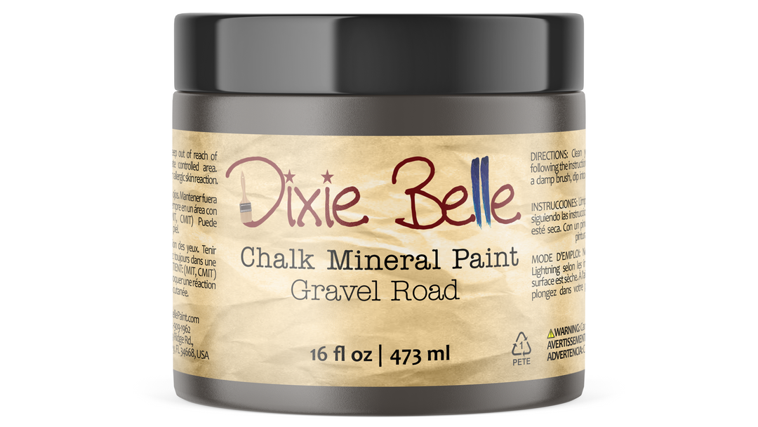 Jar of Dixie Belle Chalk Mineral Paint in Gravel Road on a white background