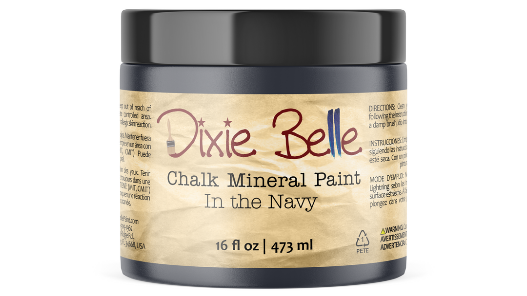 Jar of Dixie Belle Chalk Mineral Paint in the Navy color on a white background
