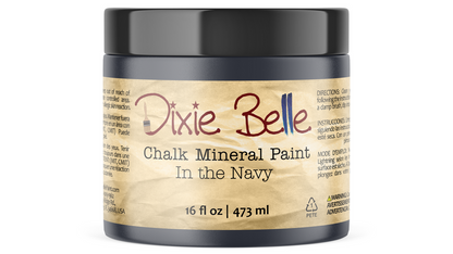 Jar of Dixie Belle Chalk Mineral Paint in the Navy color on a white background