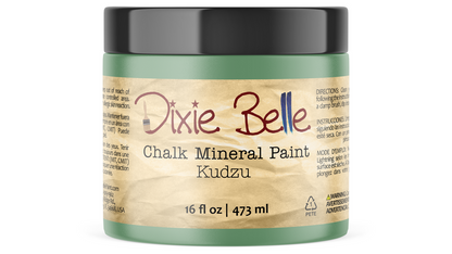 Jar of Dixie Belle Chalk Mineral Paint in Kudzu color on a white background