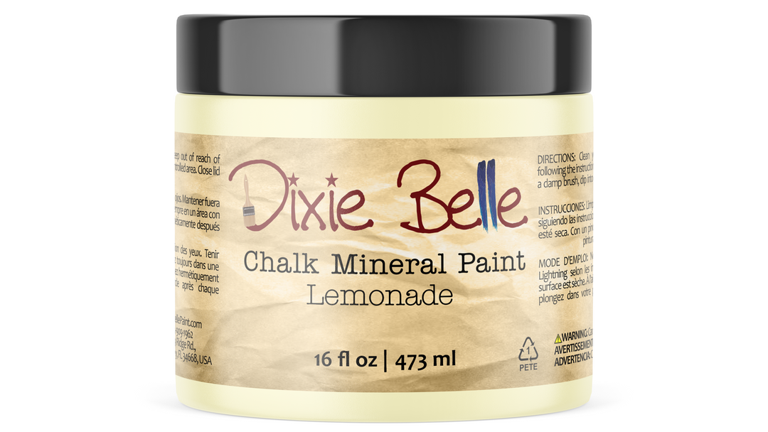Jar of Dixie Belle Chalk Mineral Paint in Lemonade color on a white background