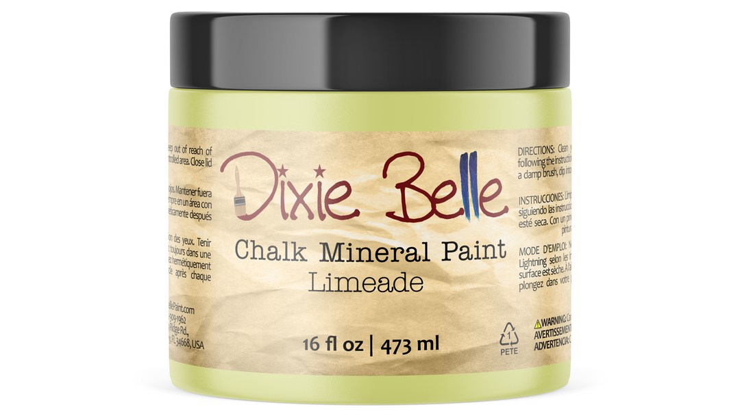 A 16 fl oz jar of Dixie Belle Chalk Mineral Paint in the color Limeade, featuring a black lid and a beige textured label.