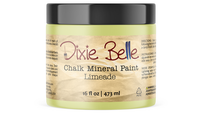 A 16 fl oz jar of Dixie Belle Chalk Mineral Paint in the color Limeade, featuring a black lid and a beige textured label.