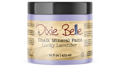 Jar of Dixie Belle Chalk Mineral Paint in Lucky Lavender on a white background
