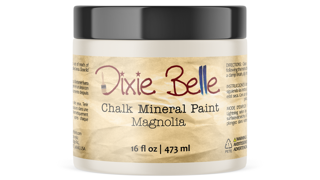 Jar of Dixie Belle Chalk Mineral Paint in magnolia color on a white background