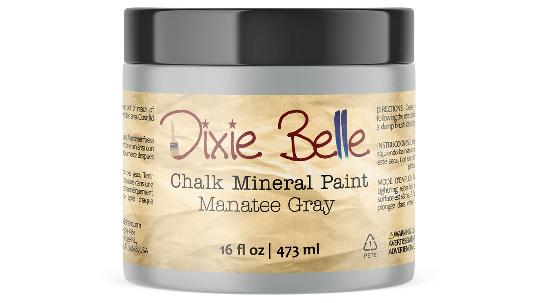 Jar of Dixie Belle Chalk Mineral Paint in Manatee Gray on a white background