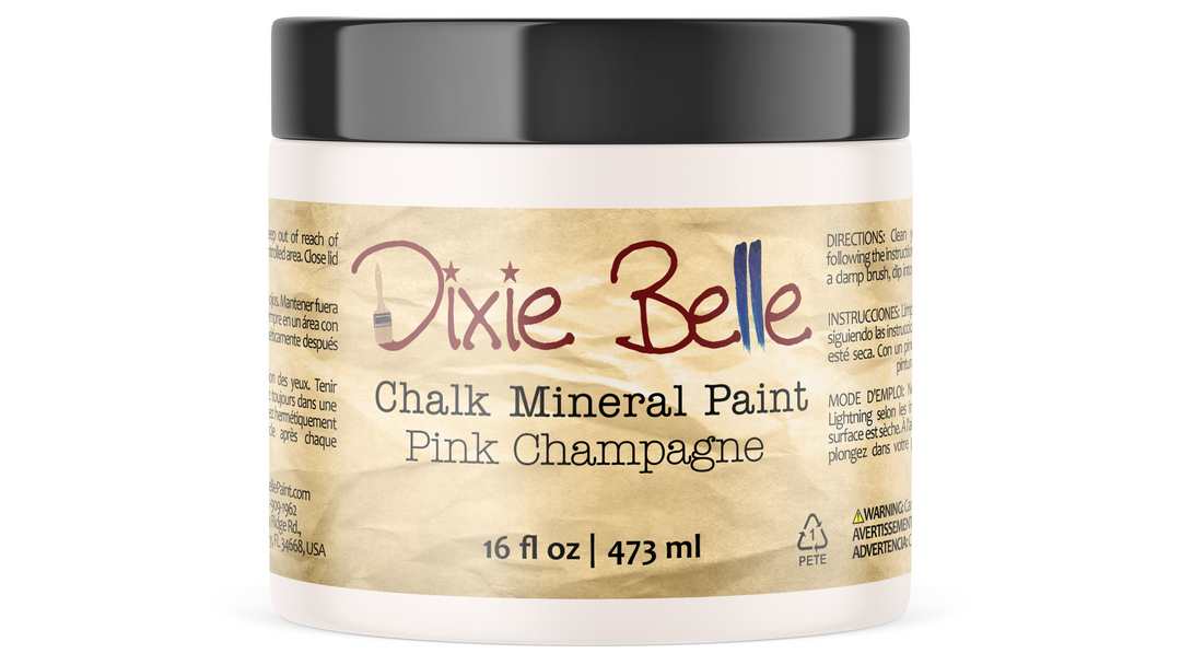 Jar of Dixie Belle Chalk Mineral Paint in Pink Champagne on a white background