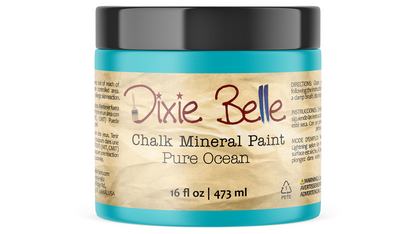 Jar of Dixie Belle Chalk Mineral Paint in Pure Ocean color on a white background
