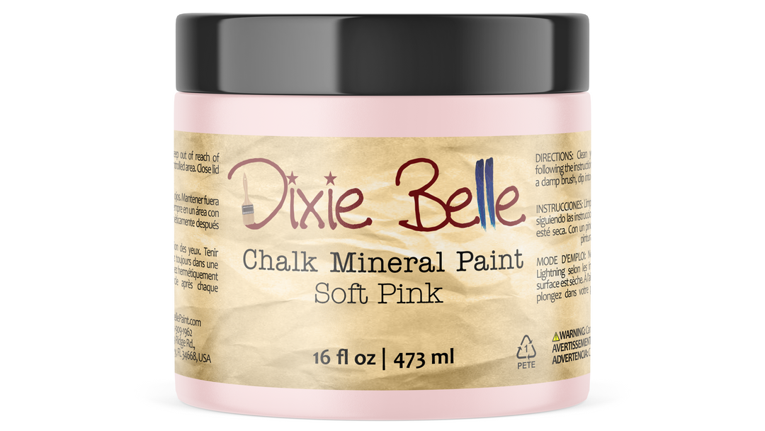 Jar of Dixie Belle Chalk Mineral Paint in Soft Pink on a white background
