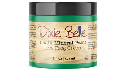 Jar of Dixie Belle Chalk Mineral Paint in Tree Frog Green on a white background