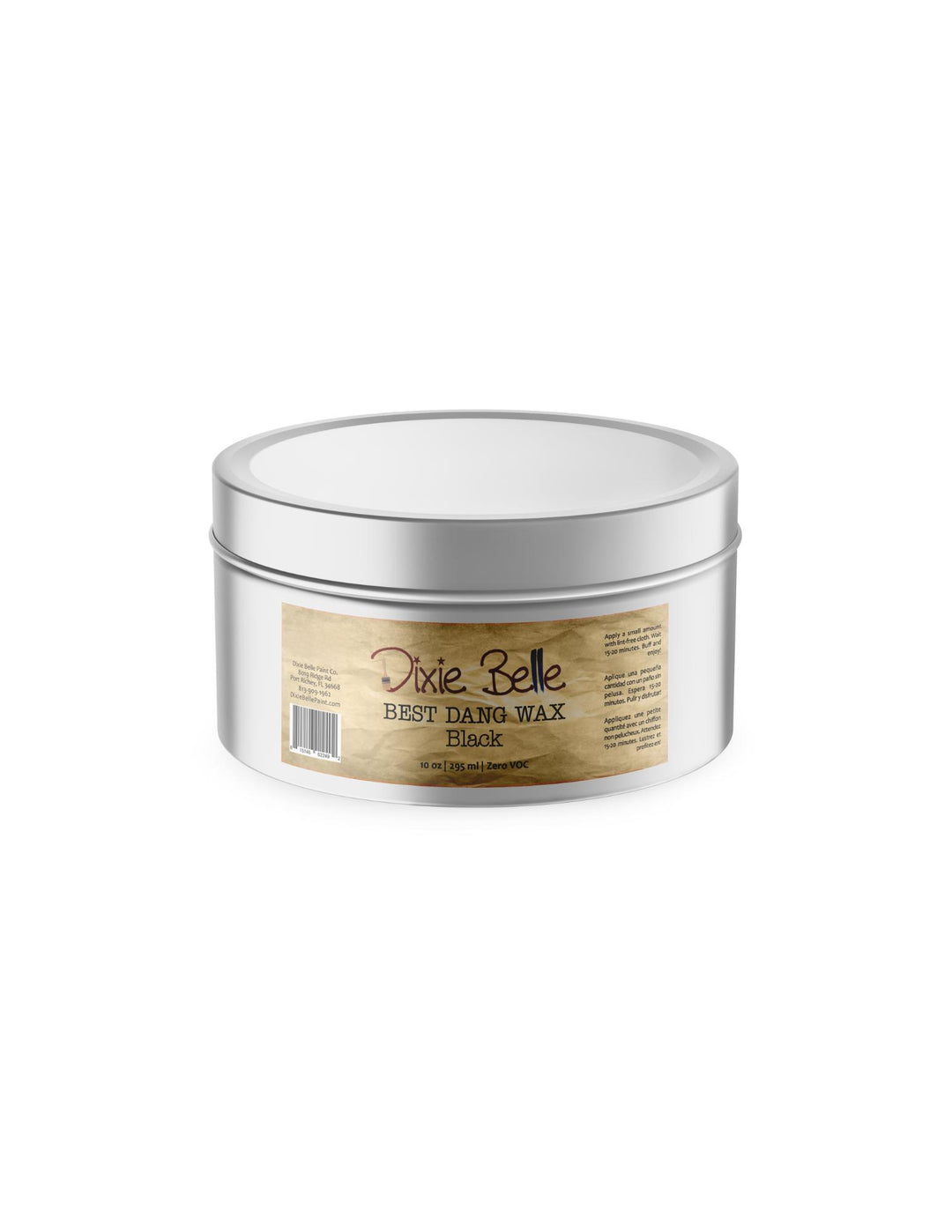 A silver metal tin of Dixie Belle Best Dang Wax Block, featuring a tan paper label with black text, set against a plain white background.