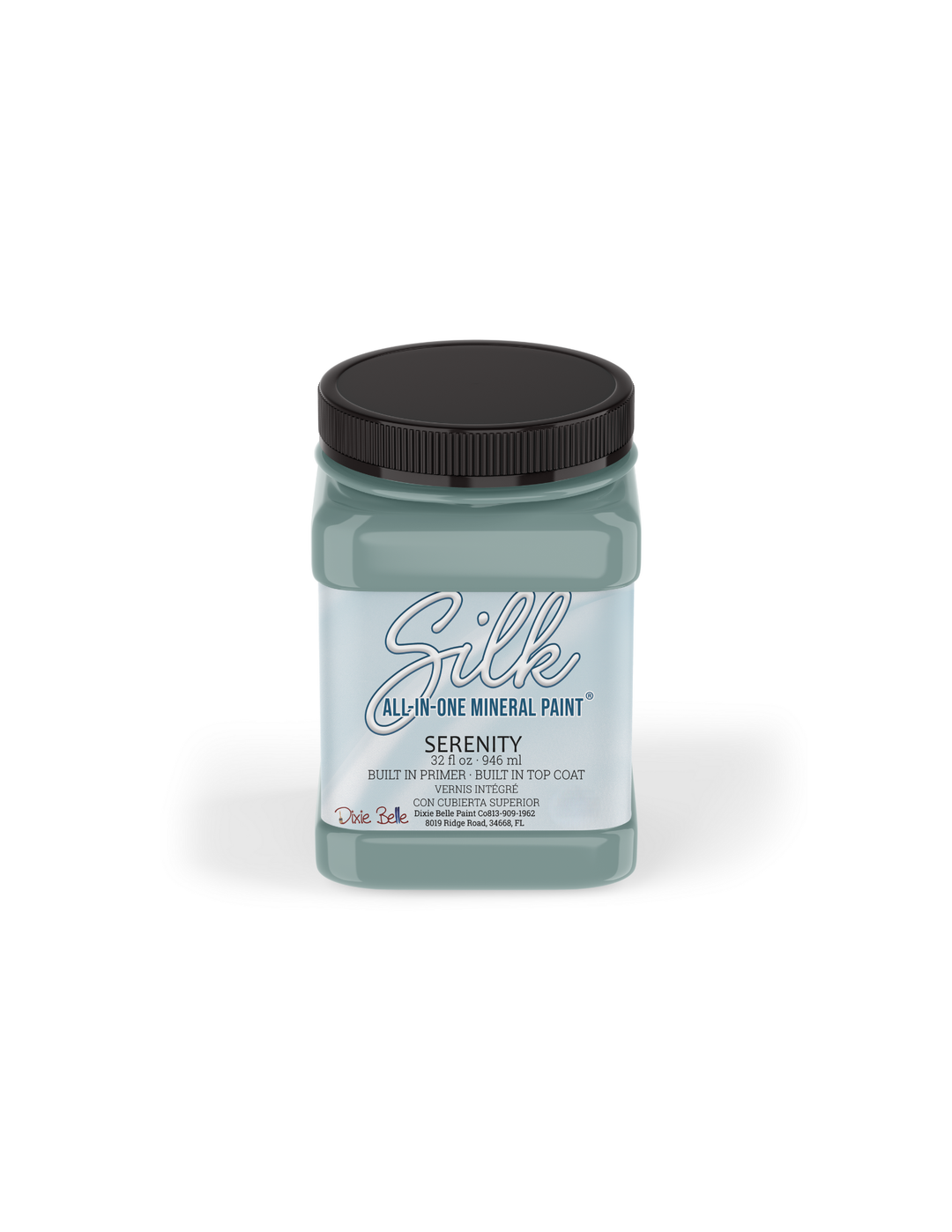 A 32oz. jar of Chalk Talk Silk All-In-One Mineral Paint in the shade 'Serenity', featuring a sage green paint jar with a black lid and a white label.