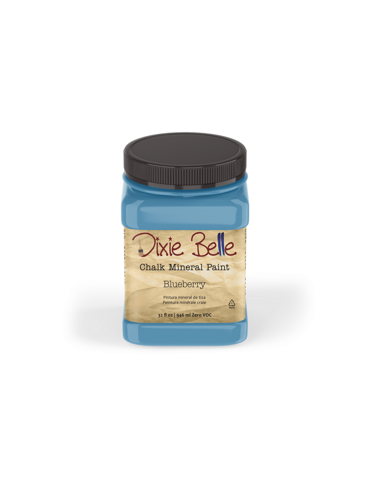 A jar of Dixie Belle Chalk Mineral Paint in the Blueberry color, featuring a black lid and a beige label, set against a plain white background.