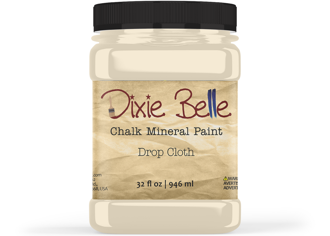 Jar of Dixie Belle Chalk Mineral Paint in drop cloth color on a white background