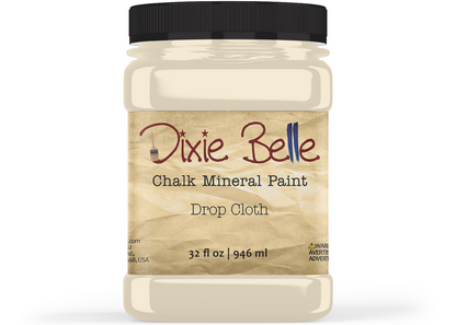 Jar of Dixie Belle Chalk Mineral Paint in drop cloth color on a white background