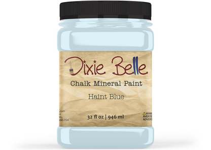 Jar of Dixie Belle Chalk Mineral Paint in Haint Blue on a white background