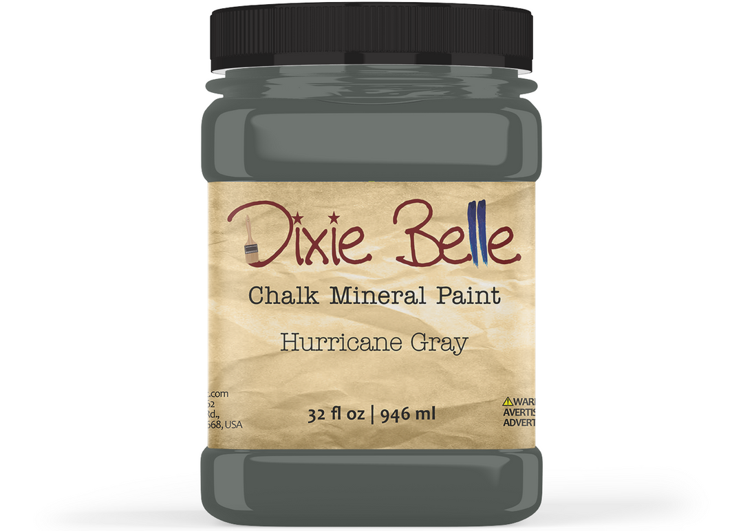 Jar of Dixie Belle Chalk Mineral Paint in Hurricane Gray on a white background