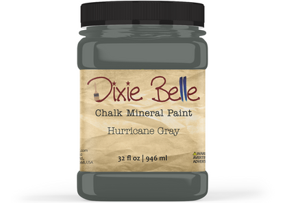 Jar of Dixie Belle Chalk Mineral Paint in Hurricane Gray on a white background