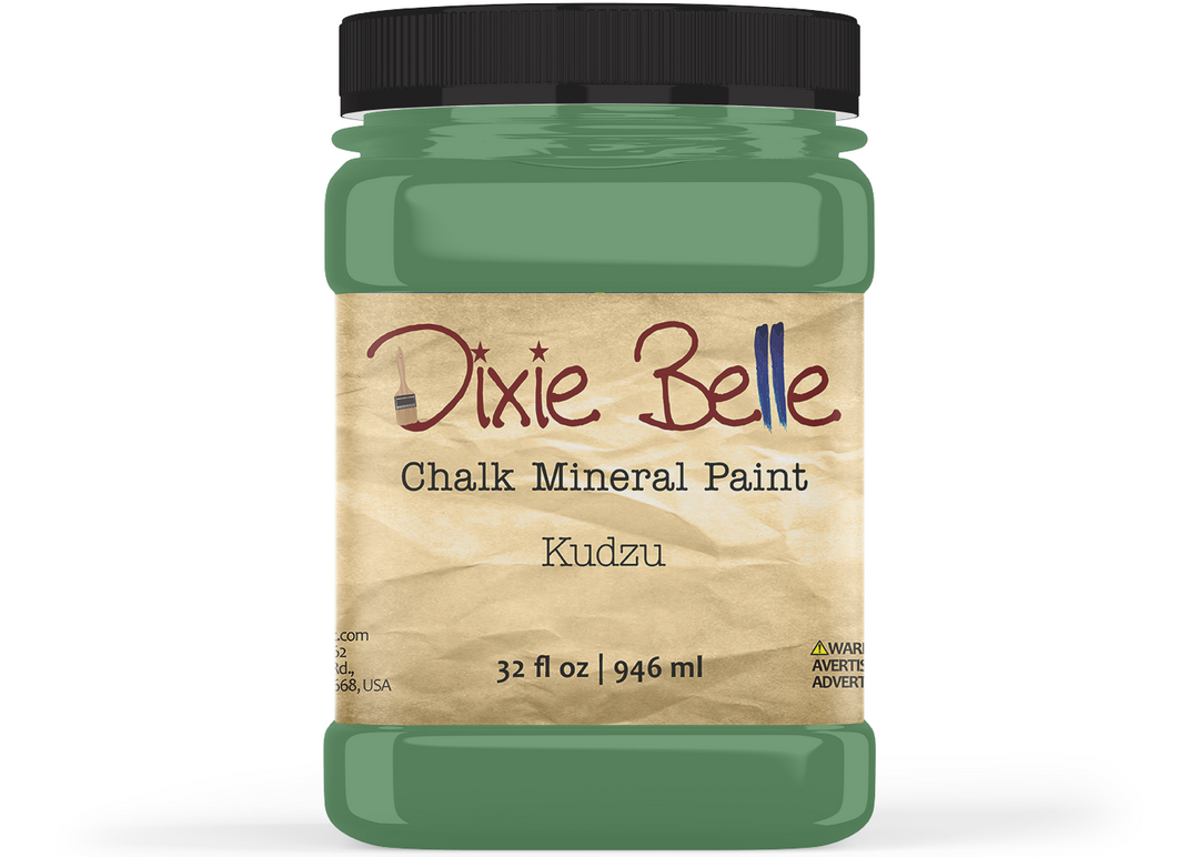 Jar of Dixie Belle Kudzu chalk mineral paint on a white background