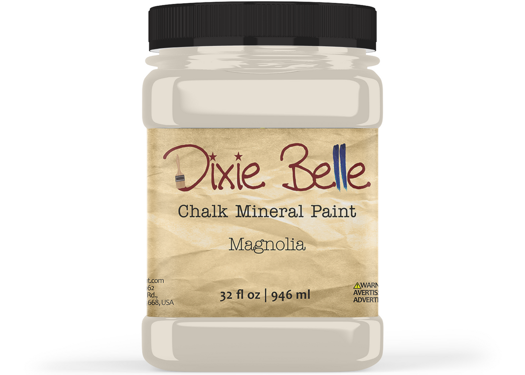 Jar of Dixie Belle Chalk Mineral Paint in magnolia color on a white background