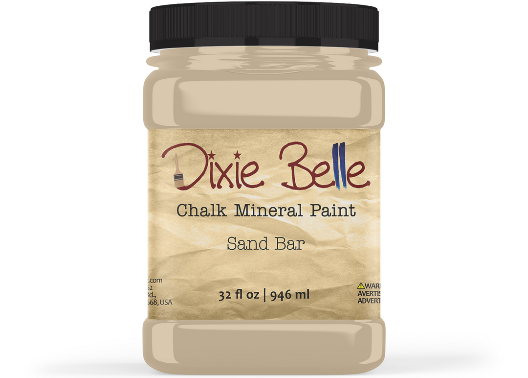 Jar of Dixie Belle Chalk Mineral Paint in Sand Bar color on a white background