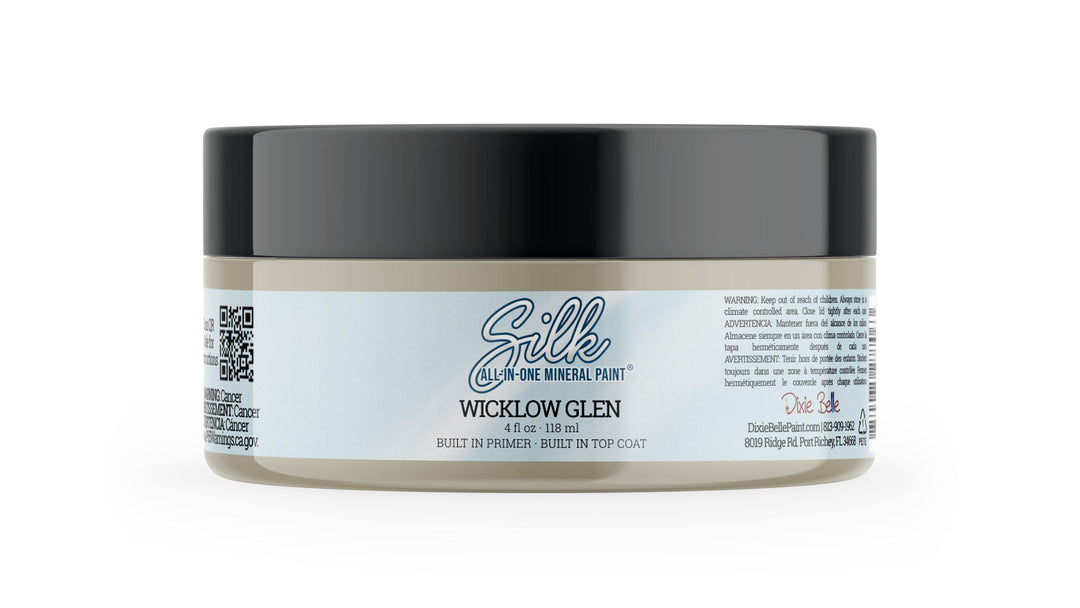 A 4oz. jar of Wicklow Glen paint, featuring a black lid and a white label with elegant script, on a plain white background.
