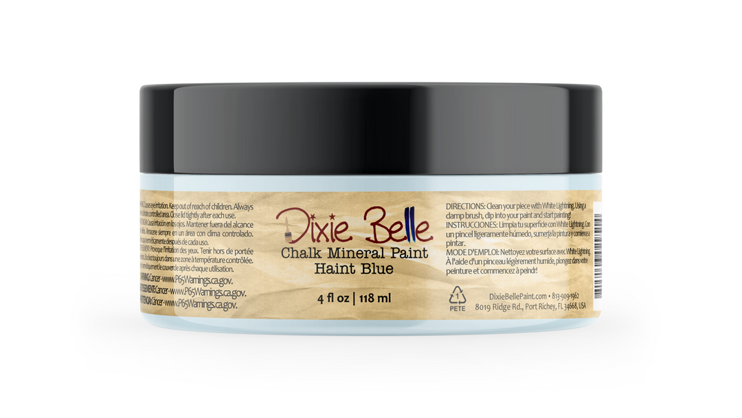 Jar of Dixie Belle Chalk Mineral Paint Haint Blue on a white background