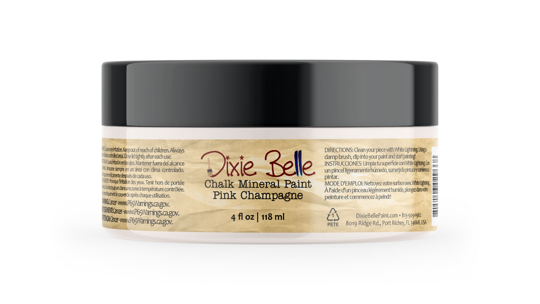 Jar of Dixie-Belle Chalk Mineral Paint in Pink Champagne on a white background