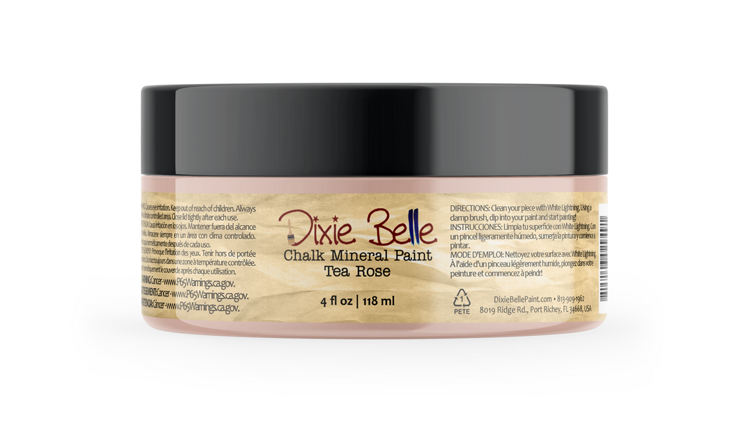 Jar of Dixie Belle Chalk Mineral Paint color Tea Rose on a white background
