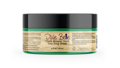 Jar of Dixie Belle Chalk Mineral Paint in Tree Frog Green on a white background