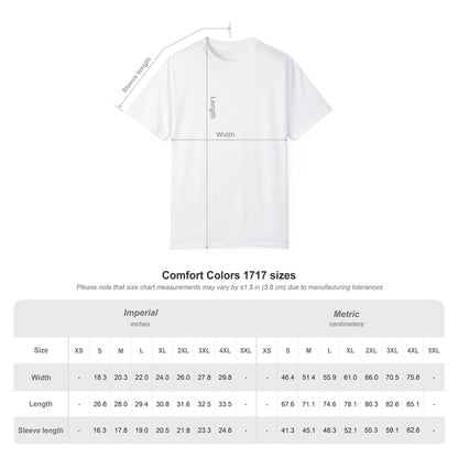 White short-sleeve t-shirt shown with measurement annotations for length and width, plus a Comfort Colors 1717 sizes chart below on a light gray background.