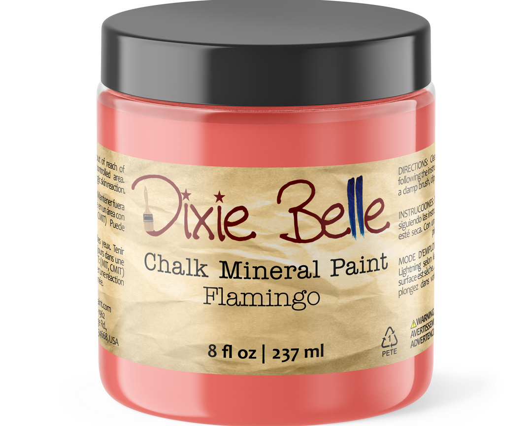 Jar of Dixie Belle Chalk Mineral Paint in Flamingo color on a white background