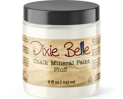 Jar of Dixie Belle Chalk Mineral Paint labeled 'Fluff' on a white background