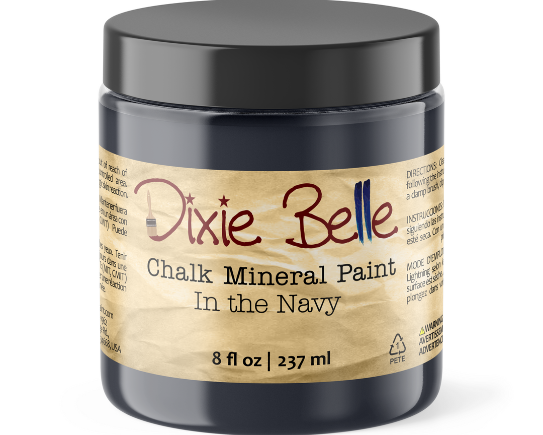 Jar of Dixie Belle Chalk Mineral Paint in the Navy color on a white background