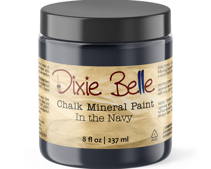 Jar of Dixie Belle Chalk Mineral Paint in the Navy color on a white background