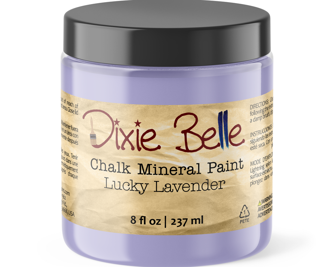 Jar of Dixie Belle Chalk Mineral Paint in Lucky Lavender color on a white background