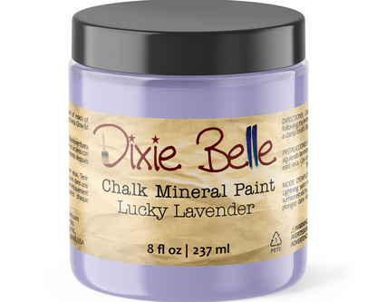 Jar of Dixie Belle Chalk Mineral Paint in Lucky Lavender color on a white background