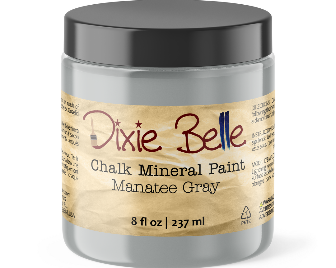 Jar of Dixie Belle Chalk Mineral Paint in Manatee Gray on a white background