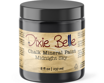 Jar of Dixie Belle Chalk Mineral Paint labeled 'Midnight Sky' on a white background