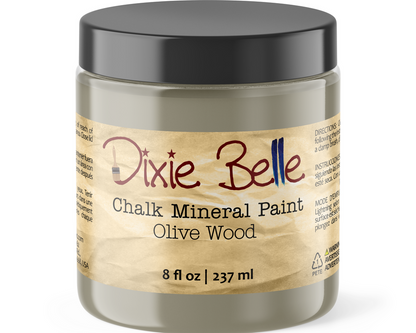 Jar of Dixie Belle Chalk Mineral Paint in Olive Wood color on a white background