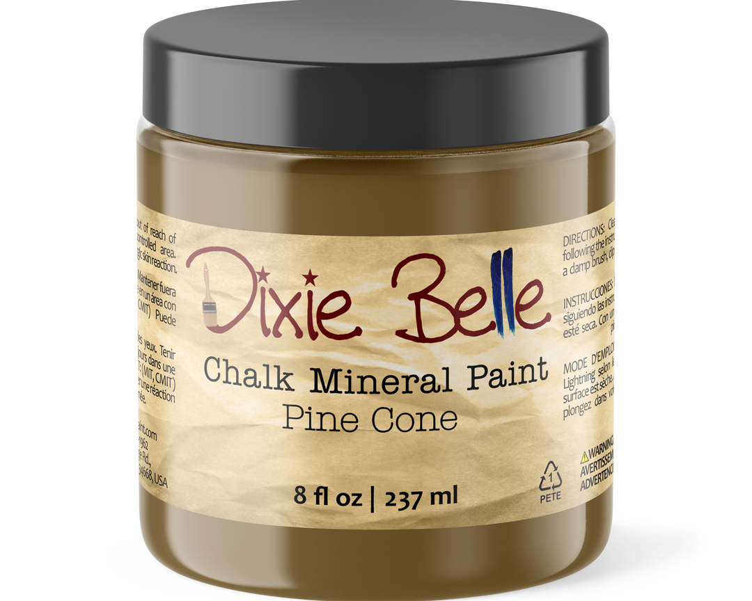 Jar of Dixie Belle Chalk Mineral Paint in Pine Cone color on a white background