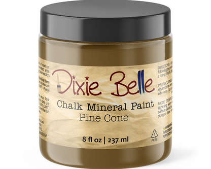 Jar of Dixie Belle Chalk Mineral Paint in Pine Cone color on a white background