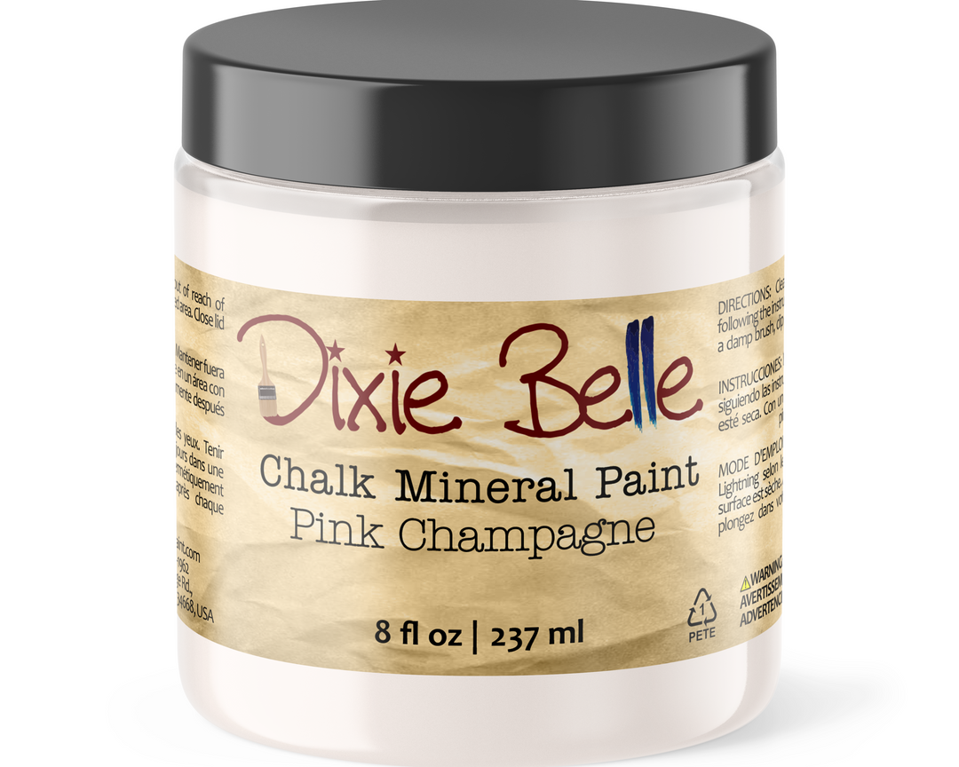 Jar of Dixie Belle Chalk Mineral Paint in Pink Champagne on a white background