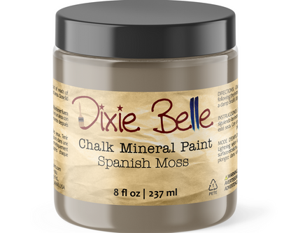Jar of Dixie Belle Chalk Mineral Paint in Spanish Moss color on a white background