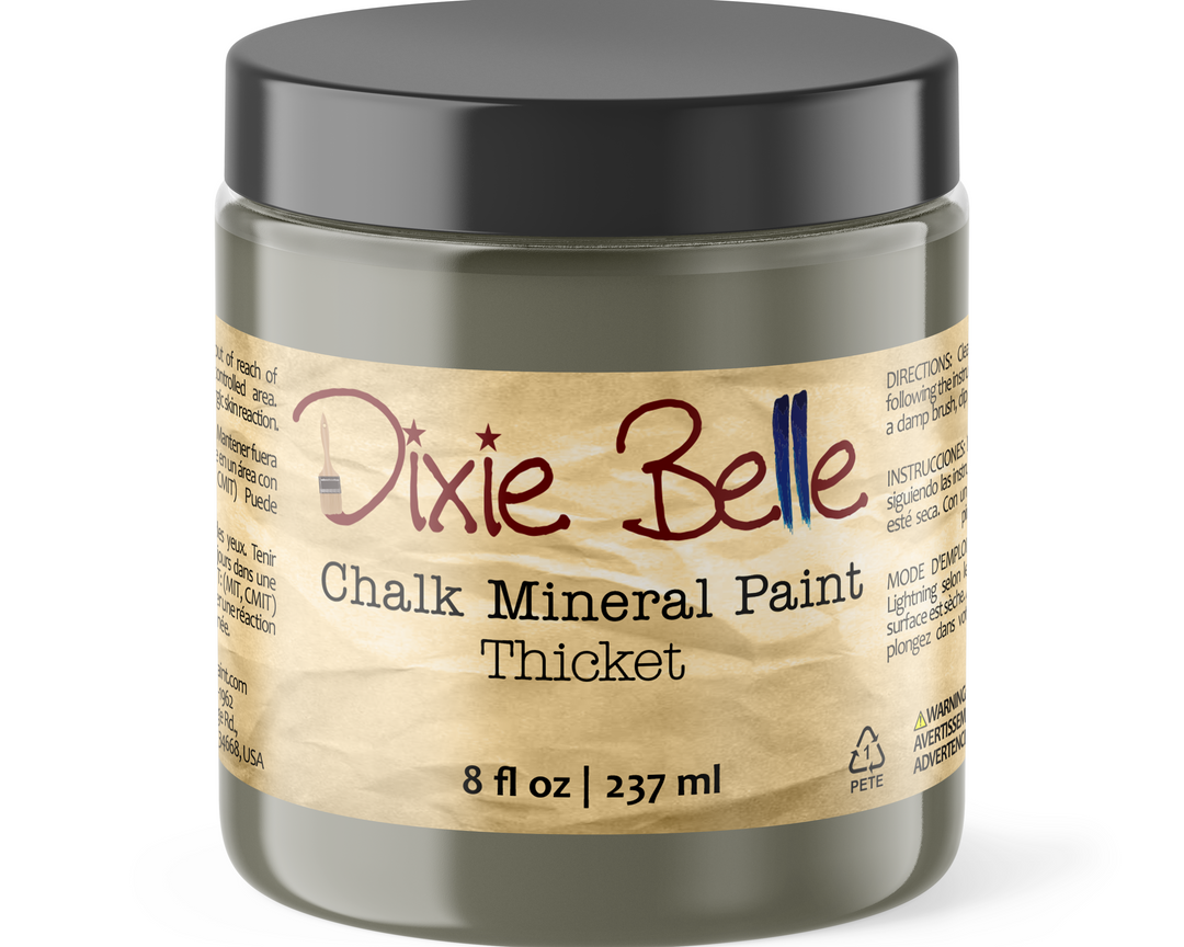 Jar of Dixie Belle Chalk Mineral Paint in Thicket color on a white background
