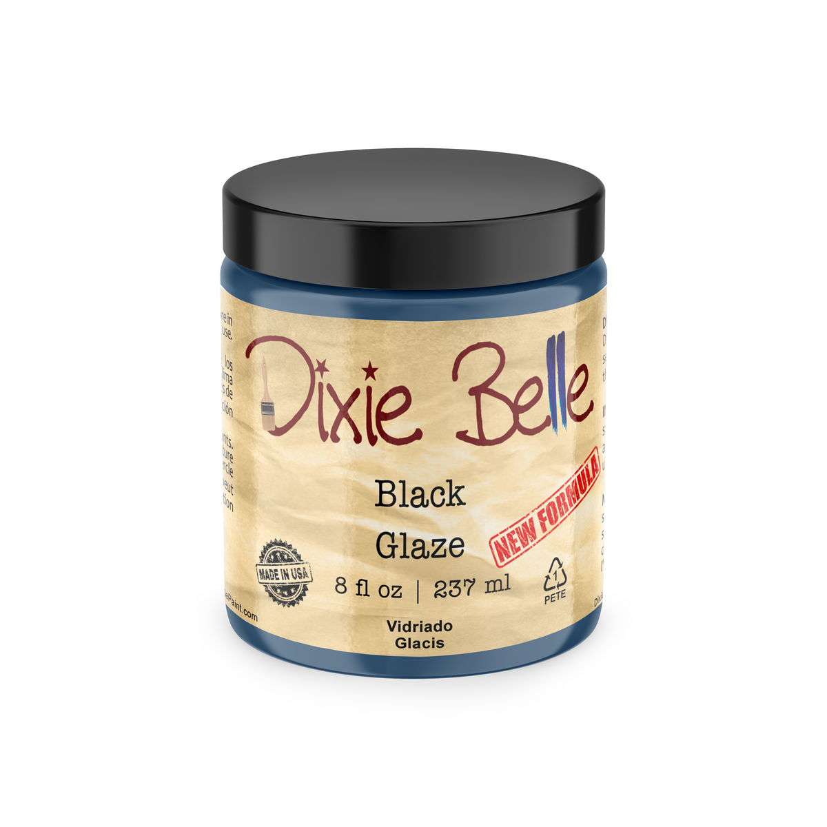 A jar of Dixie Belle Black Glaze glaze paint on a clean white background. The jar has a black lid, a blue base showing the paint color, and a beige label with the brand name 'Dixie Belle' and 'Black Glaze' written on it.